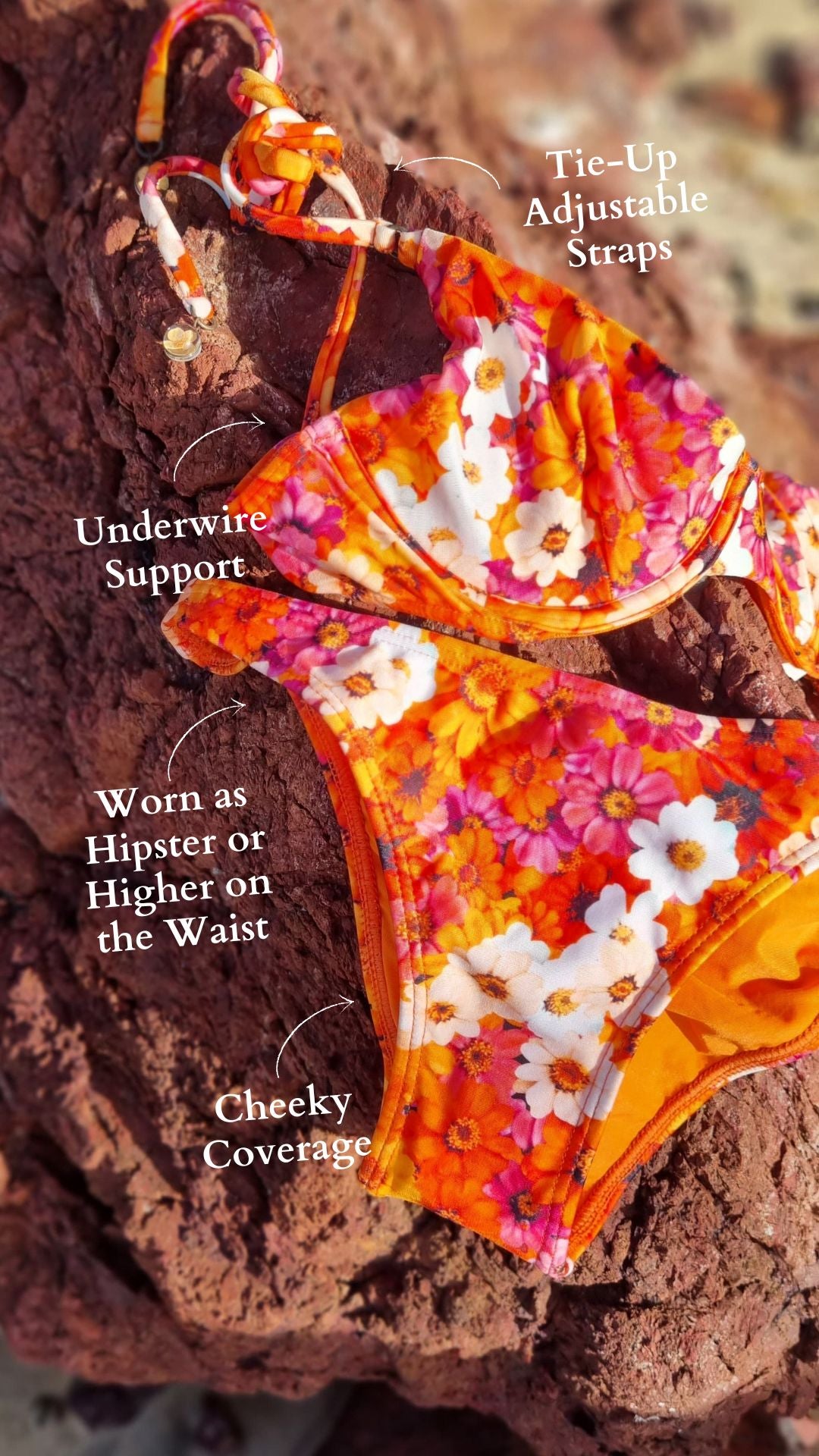 Floral bikini set with adjustable straps and underwire support on a brown background