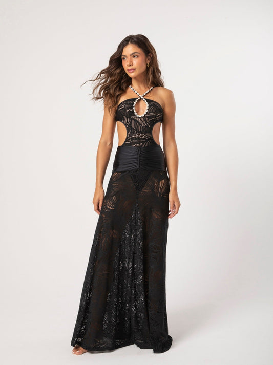 Trend Ripple and Hype Beachwear Black Lacy Skirt with maxi length