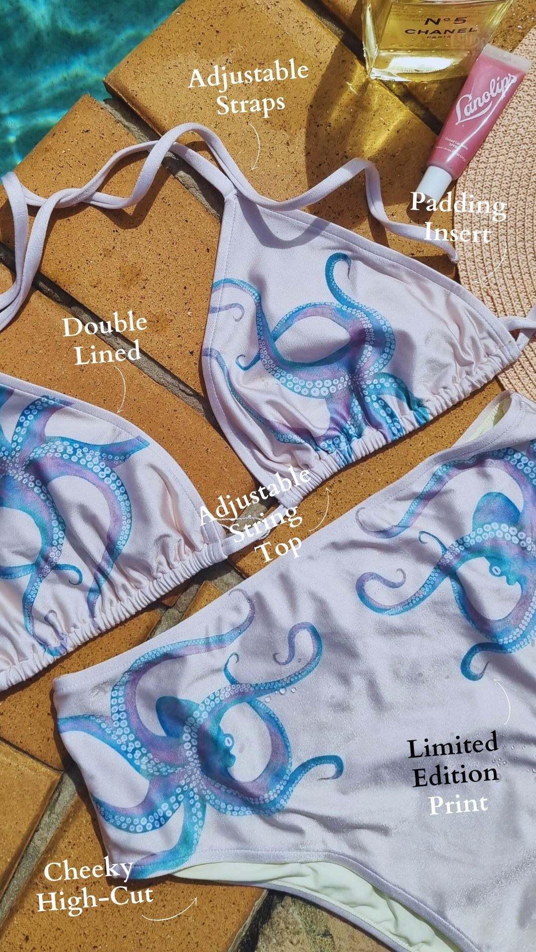 Swimwear with octopus design on a off white bikini set laying by the pool