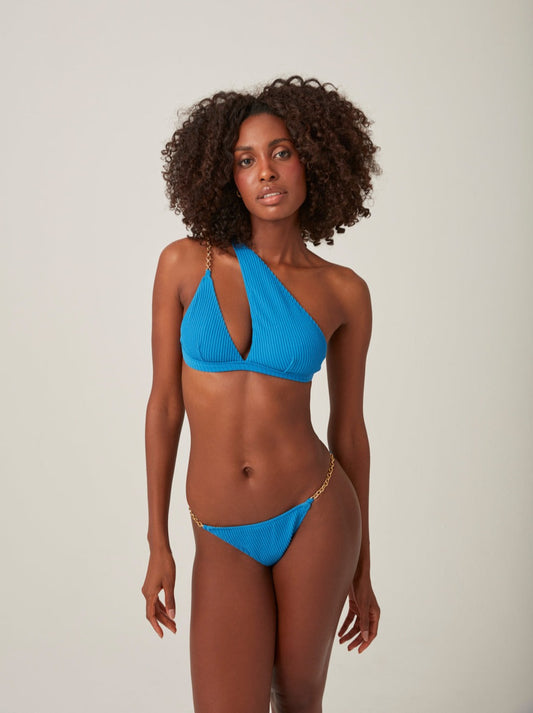 Trend Ripple bather, Royal blue one shoulder bikini set with chain detail