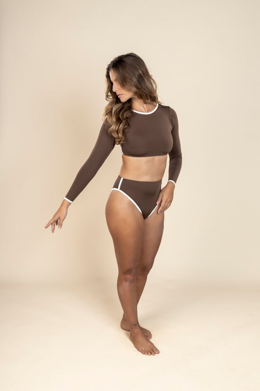 Trend Ripple Surf  Wear_Brown Long Sleeve Micro Crop