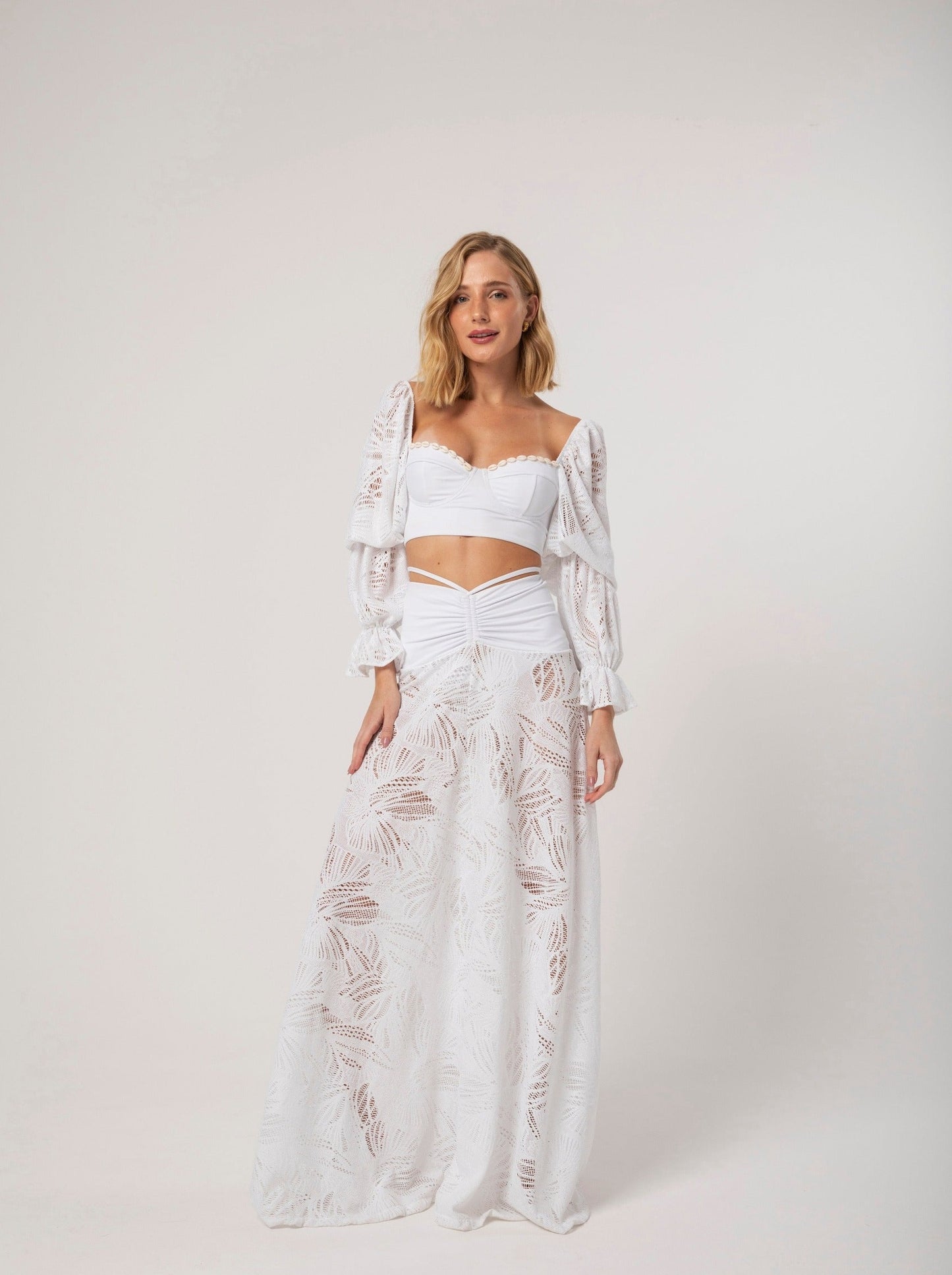 Trend Ripple Swimwear_White Crop top with shells details and lacy sleeve matched with a long white beach skirt