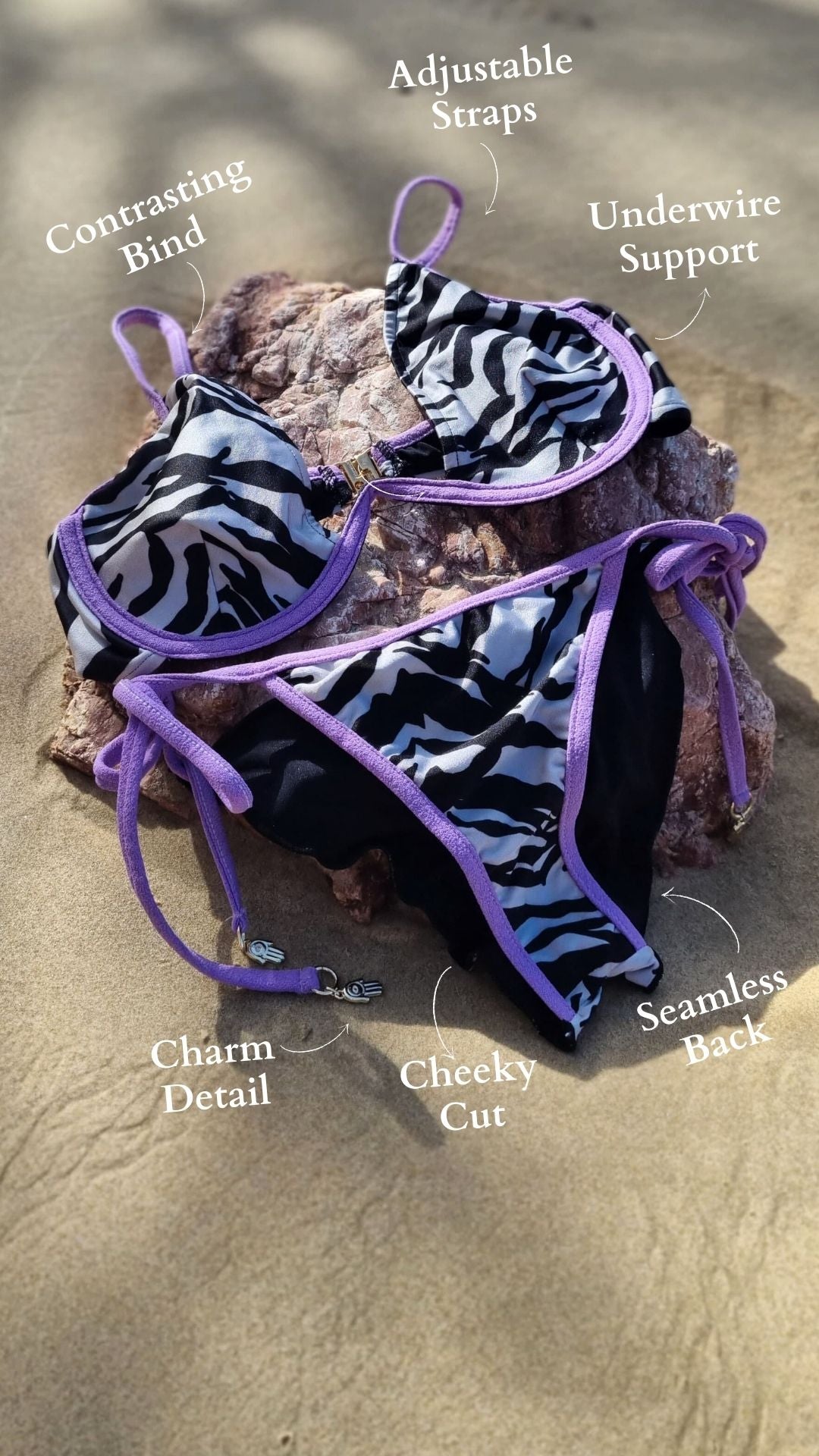 Zebra print bikini set with purple accents perfect for beach or festivals