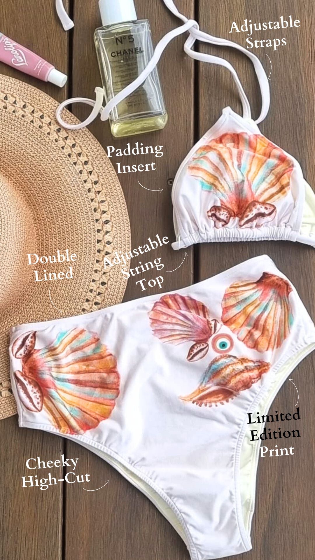 Trend Ripple Seashell-patterned bikini set in off white metallic fabric
