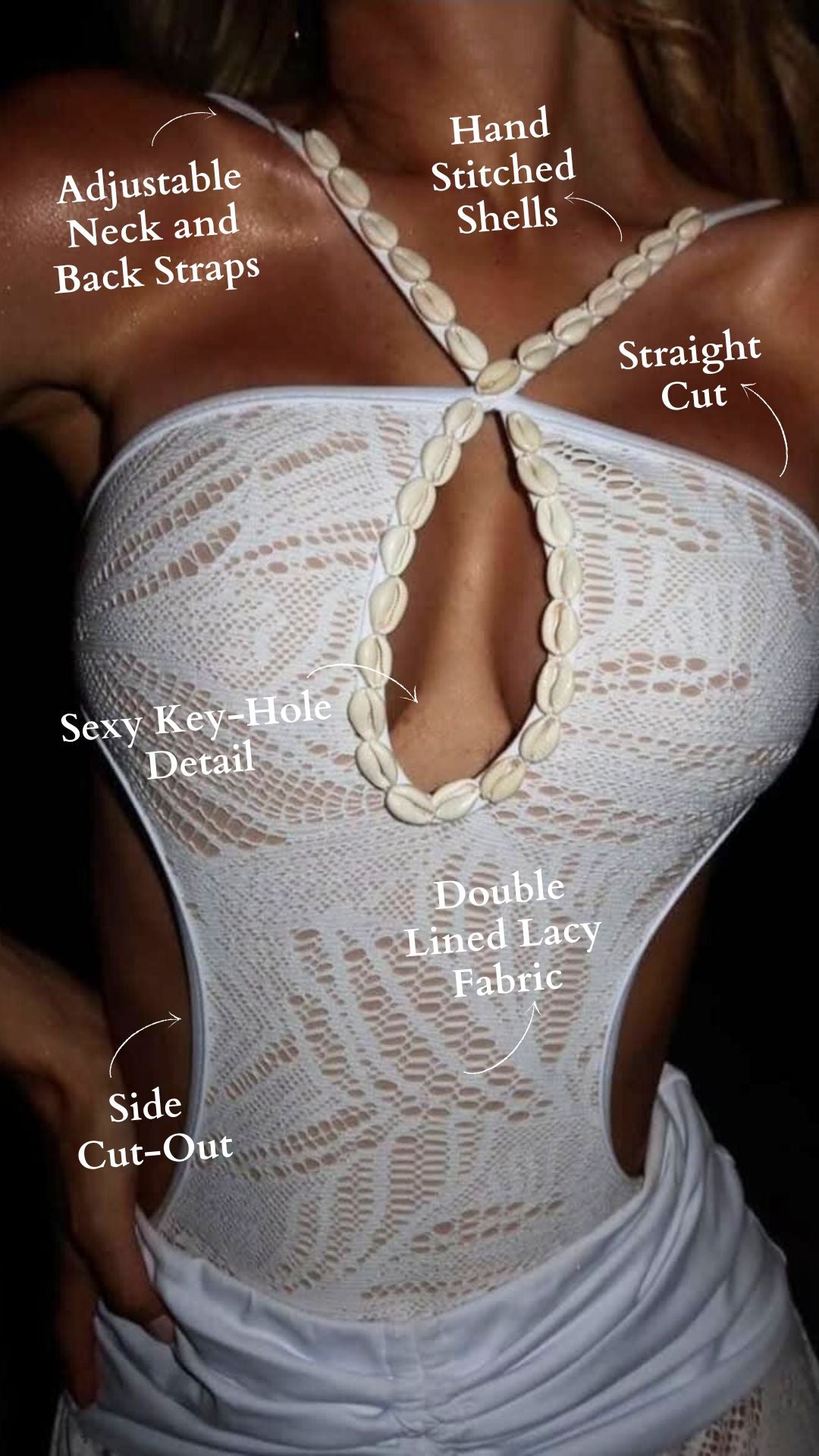 White lace one piece swimsuit with hand stitched shells