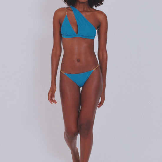 Trend Ripple bather, Royal blue one shoulder bikini set with chain detail